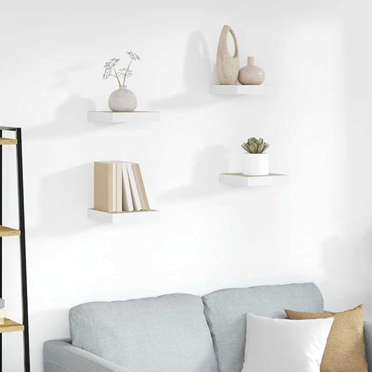 Set of 4 Floating Wall Shelves, Square Honeycomb Decorative Display Shelving for Living Room, Office and Bedroom, Matte White Wood MDF Storage Organizers