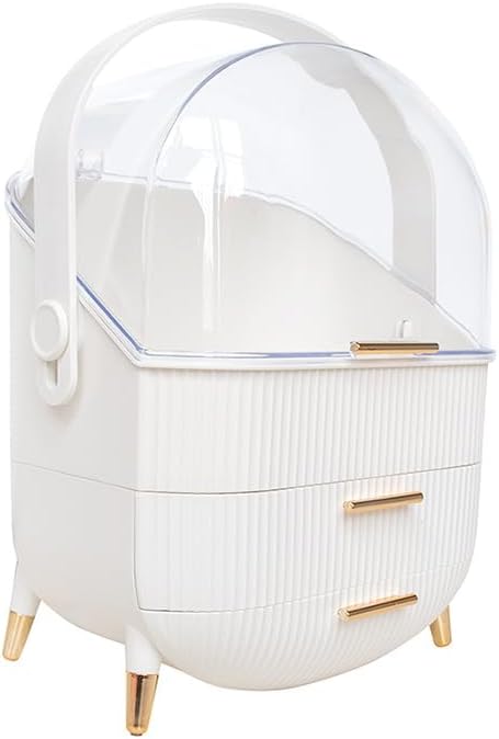 Portable Makeup Organizer, Skincare Case Storage and Makeup Box for Vanity, Cosmetic Display Case, Cosmetics Skincare Organizers Box with Waterproof & Dustproof Cover for Bedroom, White