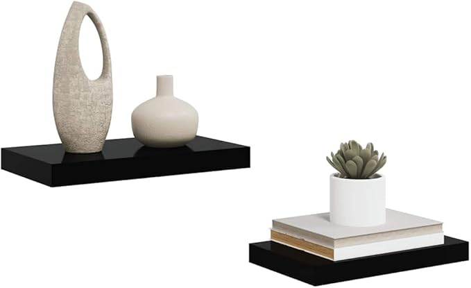 Floating Wall Shelves Set of 2, Modern Invisible Mounting Display Shelves for Living Room & Bedroom, High Gloss Black 15.7x9.1 Inches, Durable MDF and Metal for Books Decor Photos