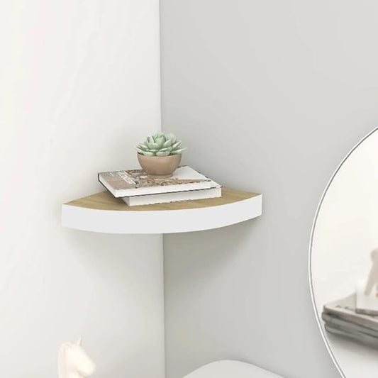 Floating Corner Shelf for Wall 13.7x13.7x1.4 Inch Honeycomb MDF & Metal Mounted Shelves Oak and White with Hidden Bracket for Bathroom Living Room Bedroom Storage