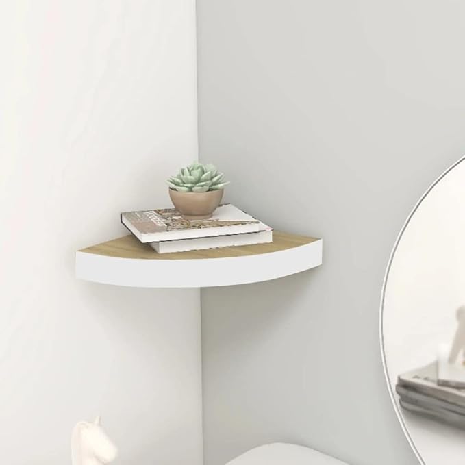 Oak and White Corner Floating Shelf for Wall 9.8"x9.8"x1.5" Honeycomb MDF and Metal Invisible Mounting Shelf for Displaying Books Decor Photos Awards in Bedroom Bathroom Living Room
