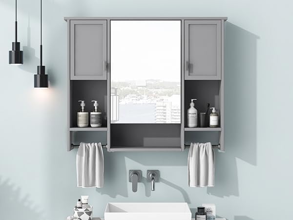 Merax Medicine Cabinet for Bathroom, Wall Mount Bathroom Cabinet with Mirror, Open Shelf, and Towel Bar, 35" W x 28.7" H Over The Toilet Mirrored Bath Wall Cabinet