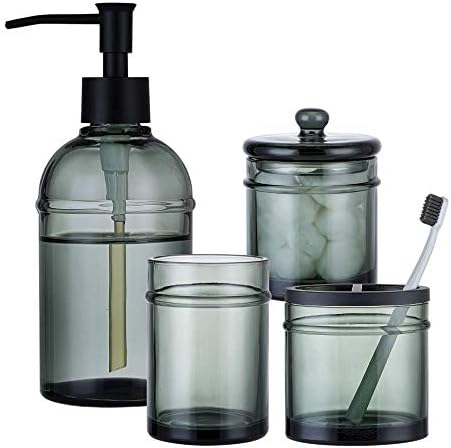 4-Piece Bathroom Accessories Set, Dark Smoke Gray Plastic Dispenser Set with Soap Pump, Toothbrush Holder, Cotton Swab Jar, and Tumbler for Modern Vanity Countertop Decor