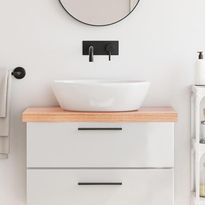 Solid Oak Wood Bathroom Vanity Top 31.5"x15.7"x(0.8"-2.4") Light Brown Treated Live Edge Handmade Countertop for Shelf Cabinet Desk Table