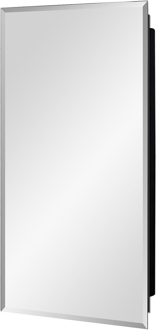 IDYLLOR Black Plastic Medicine Mirror Cabinet for Bathroom with 16 x 28 inch Beveled Edge Mirror, Recessed and Surface Mount