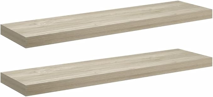 Set of 2 Floating Wall Shelves, Oak Finish Wood Wall Mounted Shelving Unit for Bedroom, Living Room, and Office, Decorative Display Ledge for Books and Photos, 35.4 Inches