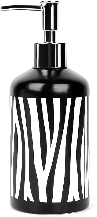 WPM 4 Piece Ceramic Bathroom Accessories Set - Zebra Print - Our Complete Bath Decor Kit Includes Designer Soap or Lotion Dispenser - Toothbrush Holder - Tumbler - Soap Dish