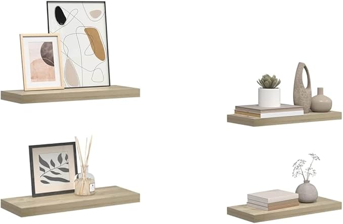 Set of 4 Floating Wall Shelves, Modern Oak MDF Storage Ledges for Living Room, Bedroom, and Office, 23.6 Inch Wide Decorative Display Shelves