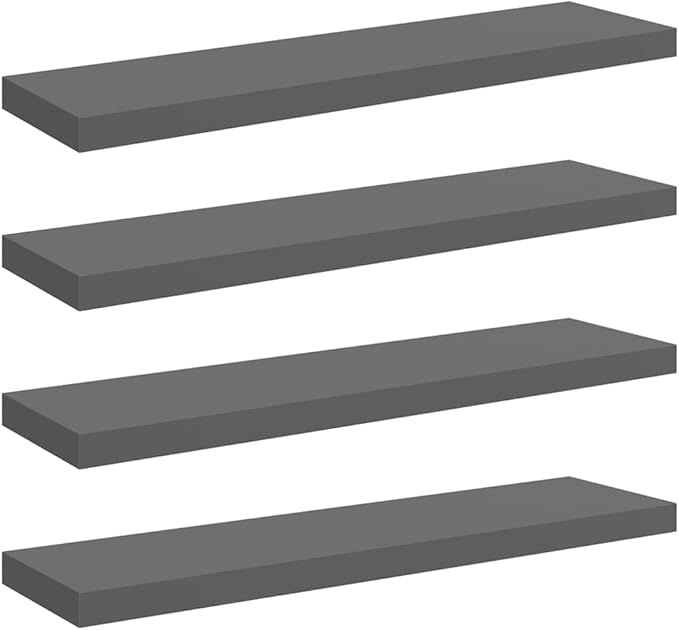 Set of 4 Floating Wall Shelves, 35.4 Inch Modern High Gloss Grey Shelving Units for Bedroom, Living Room and Office, Decorative Wall-Mounted Storage Displays