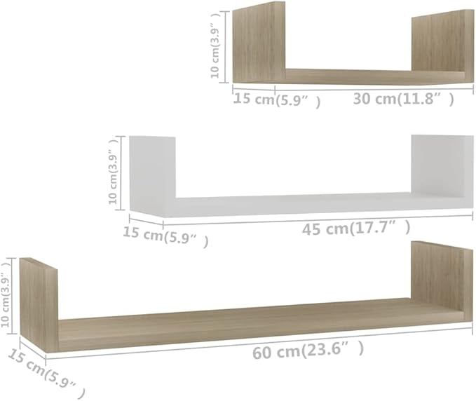3-Pack Wall-Mounted Floating Shelves White & Sonoma Oak Engineered Wood Decorative Storage Shelves Set for Bathroom Kitchen Living Room Bedroom (23.6",17.7",11.8")
