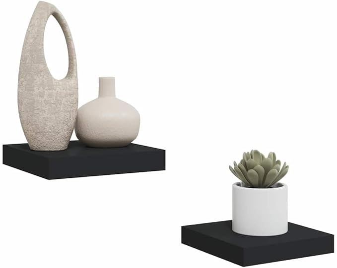 Floating Wall Shelves Set of 2, Black Modern Invisible Mounting Display Shelves for Living Room Bedroom, 9.1x9.3x1.5 Inches MDF Board with Metal Frame, Holds 11lb Each for Decor Books Plants