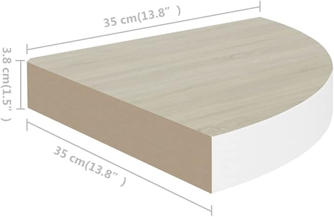 Floating Corner Shelves for Wall 2-Pack Oak and White 13.7x13.7x1.4 Inch MDF Metal Wall-Mounted Storage Shelves for Bathroom, Living Room, Bedroom Decor