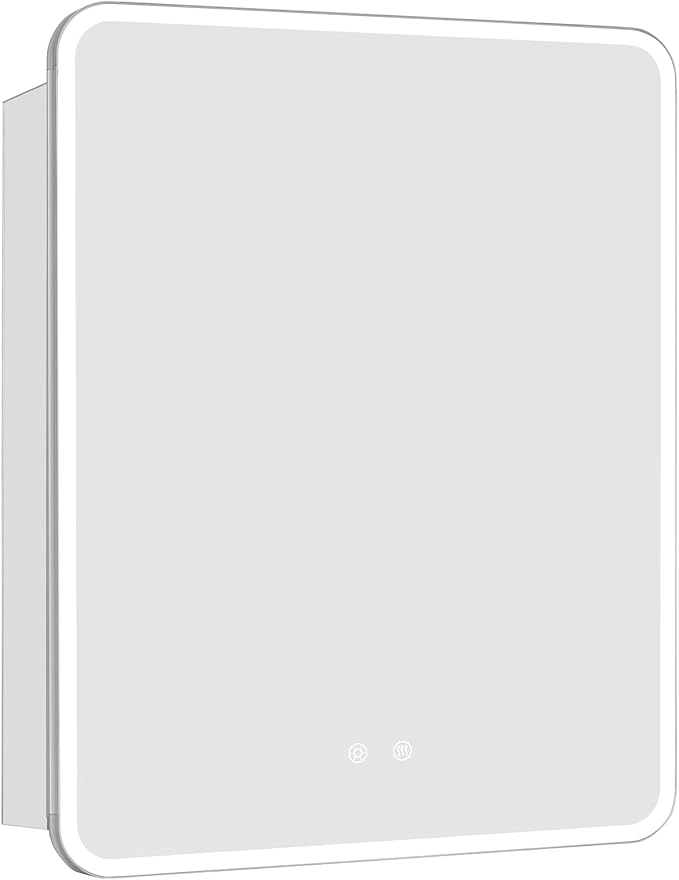 22 x 28 LED Bathroom Medicine Cabinet, Rounded Corner Aluminum Frame Lighted Mirror Cabinet with 3-Color Dimmable Lighting, Memory Function & Anti-Fog, Recessed or Surface Mount Installation