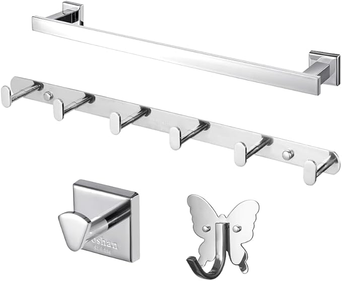 Roshan Handcrafted and Hand Polished Multi Purpose Towel Rack, Rust Proof and Peel Resistant Towel Shelf, Includes 2 Handmade Hooks (4-Piece Silver)