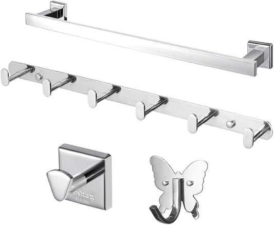 Roshan Handcrafted and Hand Polished Multi Purpose Towel Rack, Rust Proof and Peel Resistant Towel Shelf, Includes 2 Handmade Hooks (4-Piece Silver)