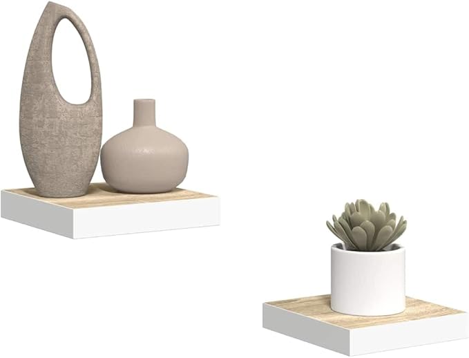 Floating Wall Shelves Set of 2, Invisible Mounting Modern Display Shelves for Living Room Bedroom, Oak White MDF Board with Metal Frame, 9. 1x9. 3x1. 5 Inch, Holds 11lb Installation Storage Rack