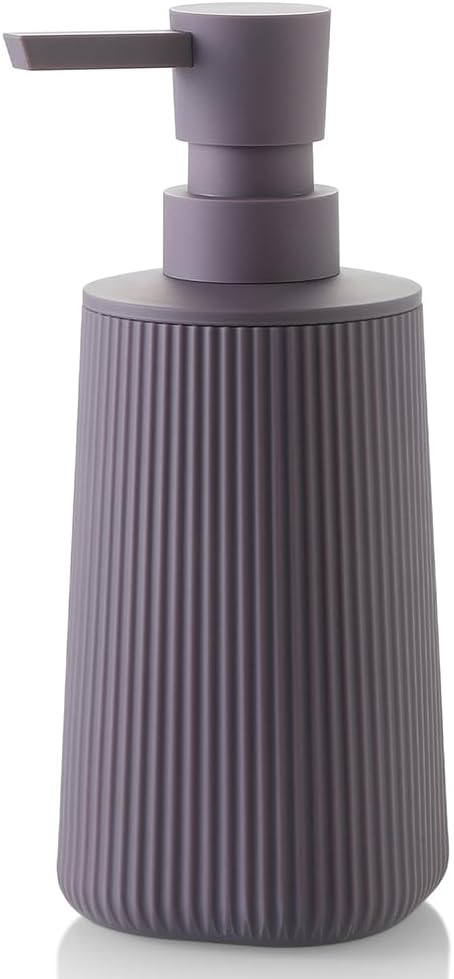 Small Soap Dispenser for Bathroom and Kitchen, Modern Farmhouse Striped Style Plastic Hand Soap Dish Soap Dispenser with Pump Matte Purple