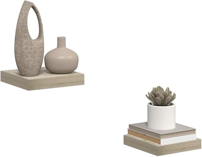 Set of 2 Floating Wall Shelves, Oak Finish Honeycomb Modern Wall Decor, Small Display Storage Shelves for Living Room Bedroom Office, 9.1 x 9.3 x 1.5 inches