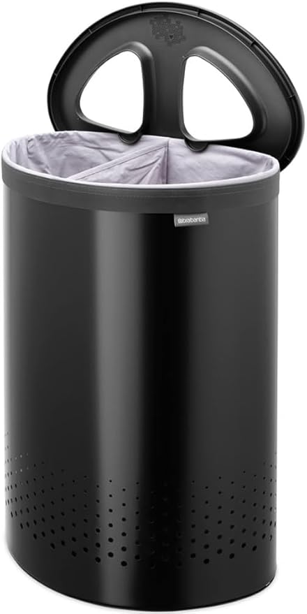 Brabantia Selector Laundry Basket with Lid | 14.5 Gal - 2 Compartment Washing Basket with Quick‑Drop Lids & Removable Cotton Bag | Matt Black