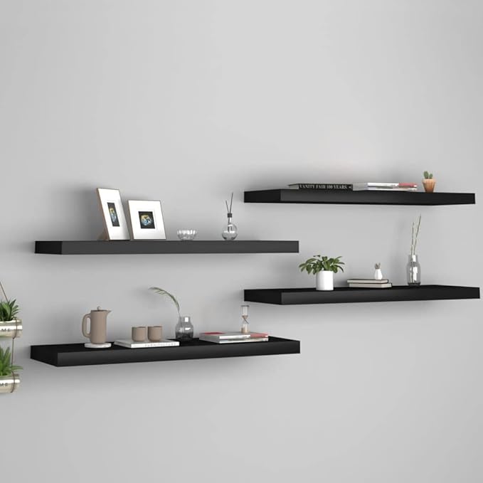 Floating Wall Shelves 4 Pack Black Modern Invisible Mounting Display Rack for Living Room Bedroom Office Decor 31.5x9.3x1.5 Inches MDF Metal Frame