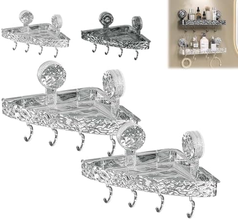 Wall-Mounted No Drill Suction Cup Bathroom Shelf - Acrylic Clear Storage Rack with 4 Hooks, Light Luxury Glacier Pattern, Durable Suction Cup Holder for Easy Organizing