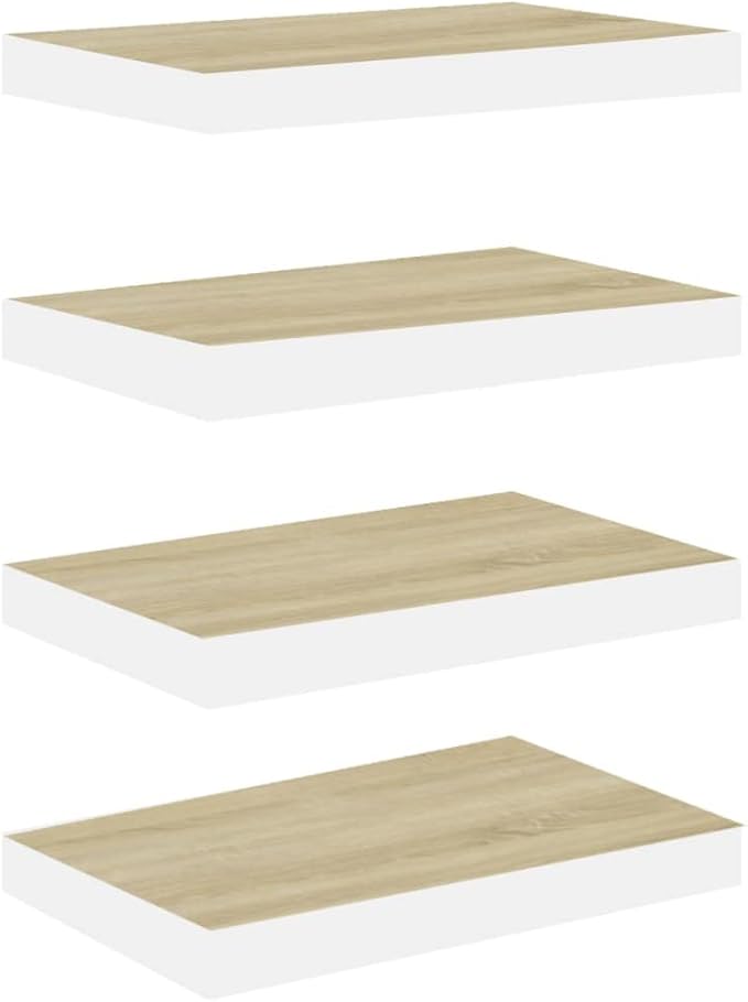 Floating Wall Shelves Set of 4 Oak White MDF Modern Display Racks with Invisible Mounting System for Living Room Bedroom Home Decor 19.7x9.1x1.5 Inches