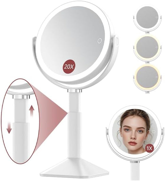 Benbilry 20X Magnifying Mirror with Light, Rechargeable 4000mAh Lighted Makeup Mirror with Magnification, Adjustable Height, 3 Color Modes, 2-Sides Vanity Mirrors for Desk Bathroom Bedroom, White