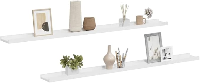 Set of 2 Floating Wall Shelves, 45.3 Inch Modern High Gloss White MDF Display Ledge, Wall Mounted Shelves for Living Room, Bedroom, and Home Decor