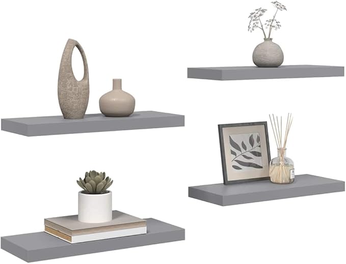 Set of 4 Grey Floating Wall Shelves, Modern Honeycomb MDF Wall Mounted Storage Shelves for Living Room, Bedroom, and Office Decor, 23.6 inch Display Ledges