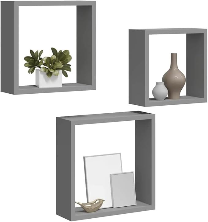 Wall Cube Shelves Set of 3, Floating Square Decorative Shelving Units for Bedroom, Living Room, and Office, Modern MDF Display Organizer, Gray