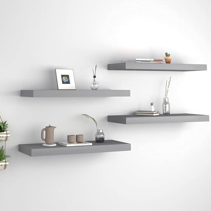 Floating Wall Shelves 4 Pack Gray Modern Invisible Mounting Display Rack for Living Room Bedroom Office Decor 23.6x9.3x1.5 Inches MDF Storage Shelves