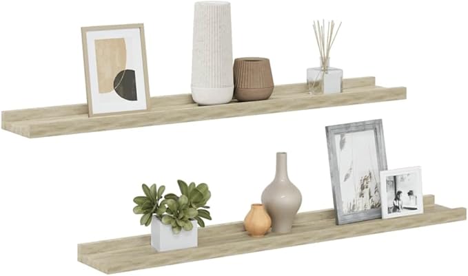 Wall Shelves Set of 2, 31.5 Inch Floating Display Ledges for Books, Succulents, and Collectibles, Decorative Sonoma Oak Wood Finish for Living Room and Bedroom