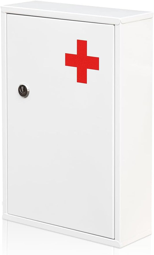Ydocabinit Steel Wall-Mount Lockable Medical Cabinet, 2-Tier Medical Box with Key, Metal Storage Box, Medicine Organizer Secure Large Capacity, First Aid Cabinet for Bathroom School 12.59×8.46×3.14"