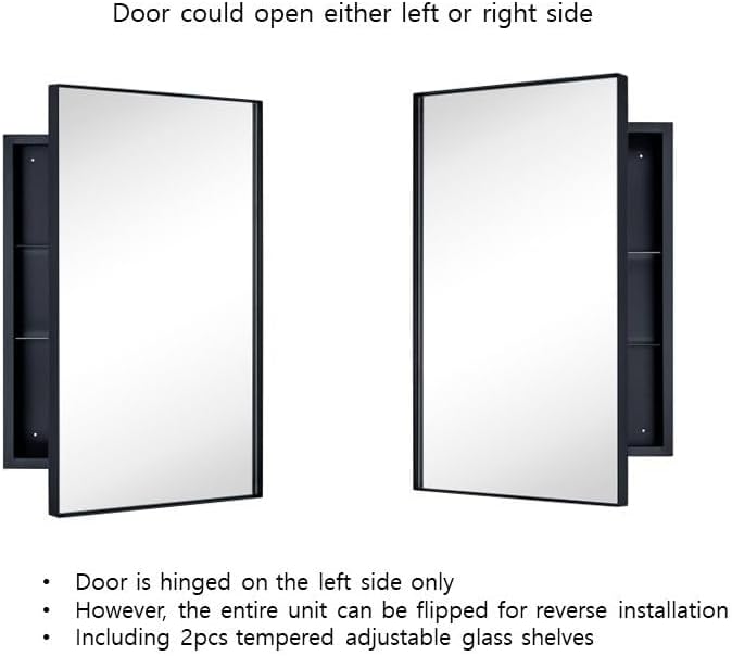 TEHOME Recessed Mount 16x26'' Squared Rectangle Matt Black Bathroom Medicine Cabinet with Mirror Black Metal Framed Rectanglular Medicine Cabinet 2 Adjustable Glass Shelves