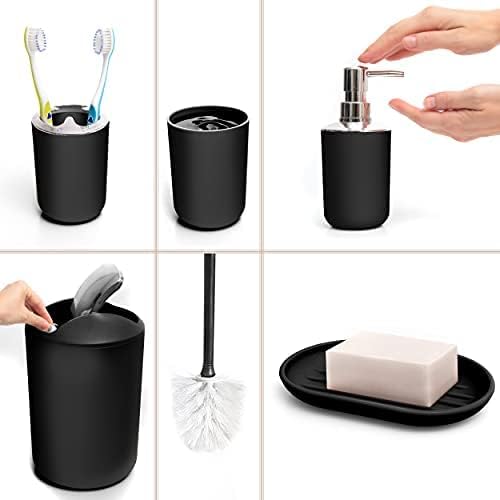 Moss & Stone 6-Piece Bathroom Accessories Set – Black Plastic Bathroom Set with Soap Dispenser, Toothbrush Holder, Cup & Soap Dish – Modern Countertop Bathroom Decor