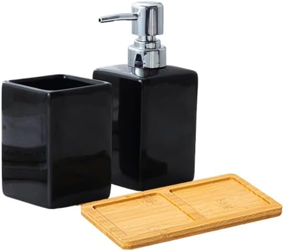 Black Soap Dispenser and Toothbrush Holder with Tray,Ceramic Bathroom Accessories Set Modern Decor Bath Set,Countertop Organizer