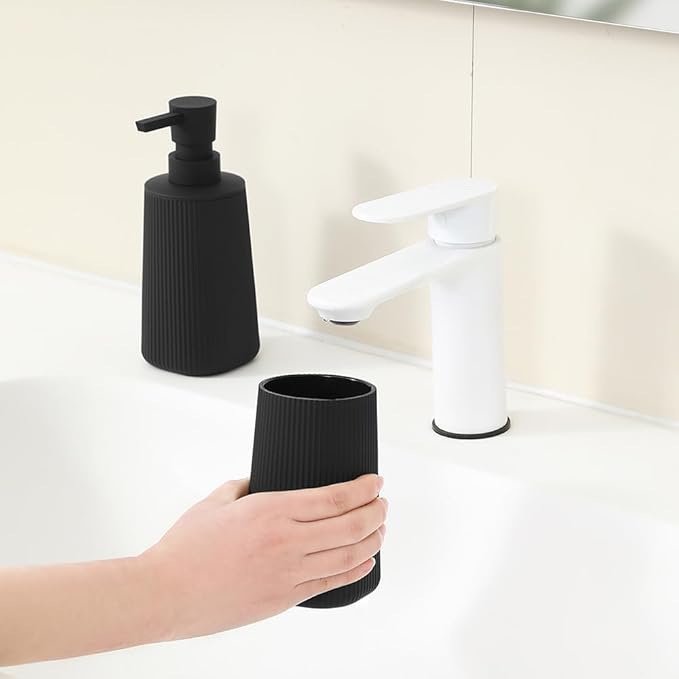 YAUKPH Bathroom Accessories Set 2 Piece Soap Dispenser and Toothbrush Holder for Bathroom Countertop Striped Black