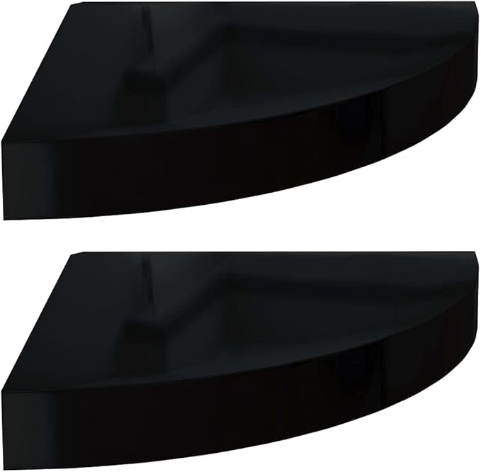 Floating Corner Shelves 2 Pack High Gloss Black Wall Mounted Display Storage for Bathroom Kitchen Living Room, 9.8x9.8 Inches MDF Modern Decorative Shelves with Invisible Mounting System