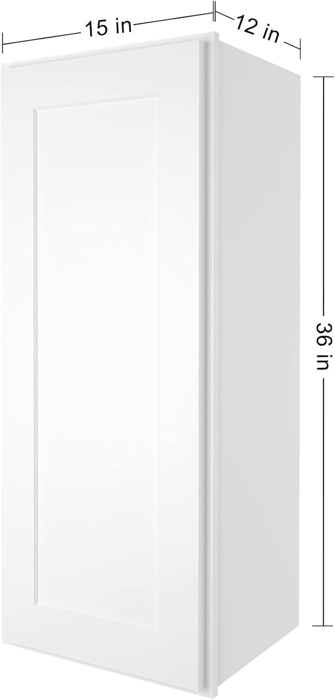 ROOMTEC Wood Wall Cabinet,RTA Single Door Medicine Cabinet with Adjustable Shelves and Soft-Close Door for Kitchen, Bathroom, and Laundry. 12" D*15" W*36" H, Shaker White