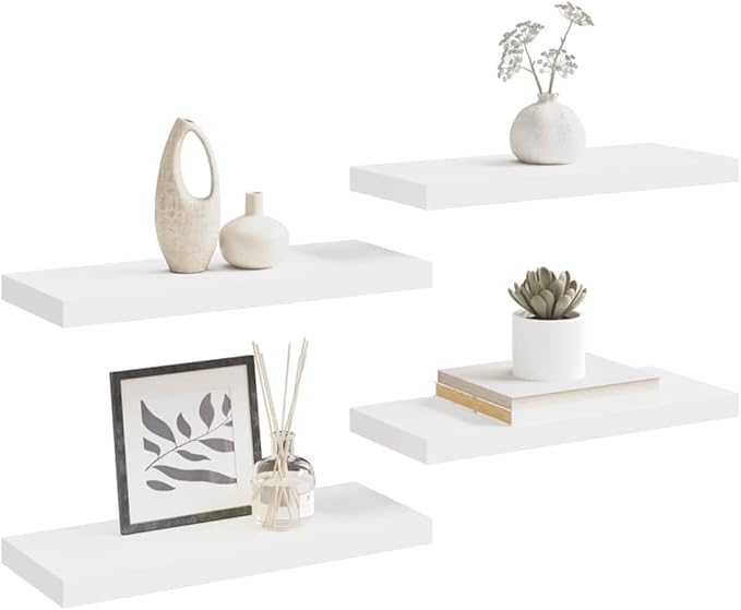 Set of 4 Floating Wall Shelves, 23.6 Inch Modern White MDF Display Ledges for Living Room, Bedroom, and Office, Wall Mounted Decorative Storage Organizer
