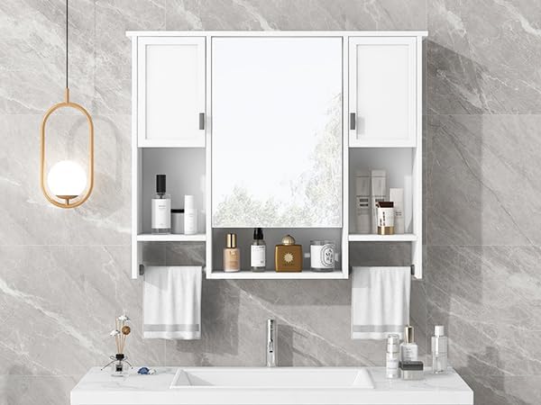 Merax Medicine Cabinet for Bathroom, Wall Mount Bathroom Cabinet with Mirror, Open Shelf, and Towel Bar, 35" W x 28.7" H Over The Toilet Mirrored Bath Wall Cabinet