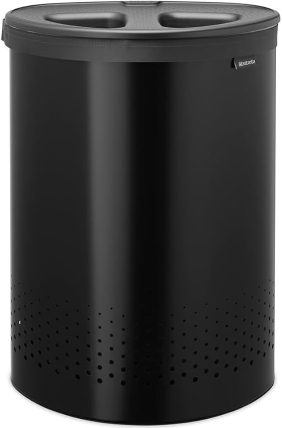 Brabantia Selector Laundry Basket with Lid | 14.5 Gal - 2 Compartment Washing Basket with Quick‑Drop Lids & Removable Cotton Bag | Matt Black