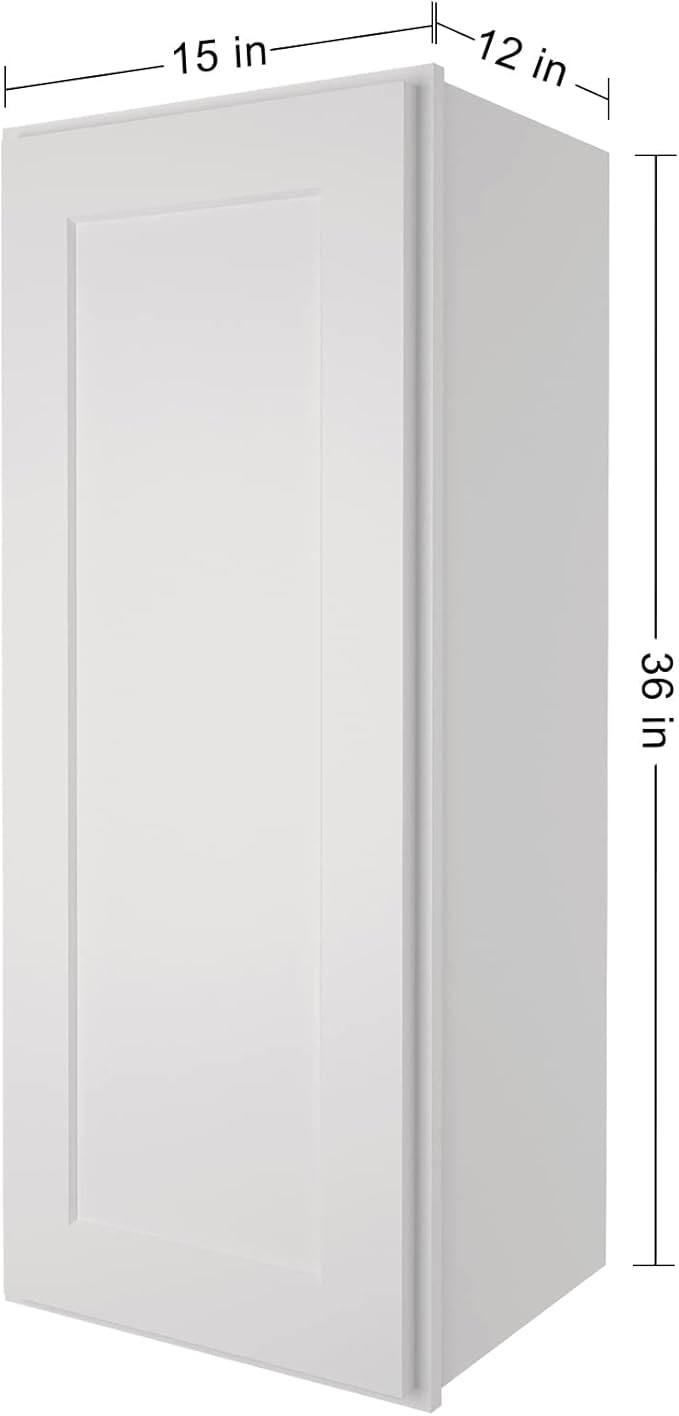 ROOMTEC Light Gray Wood Wall Cabinet, RTA Single Door Medicine Cabinet with Adjustable Shelves and Soft-Close Door for Kitchen, Bathroom, and Laundry. 12" D*15" W*36" H