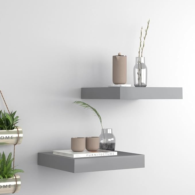 Floating Wall Shelves 2 Pack Gray Modern Display Rack for Living Room Bedroom Office, Invisible Mounting System, 9.1x9.3x1.5 Inches MDF Honeycomb Shelving with 11lb Capacity Each