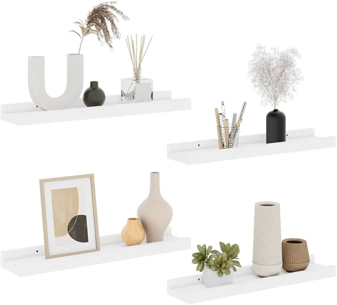 White Wall Shelves Set of 4, Floating 15.7x3.5x1.2 Inches for Living Room Bedroom, Modern Decorative Storage Shelves for Plants Books Decor, Easy Mount MDF Shelf with 11lb Load Capacity