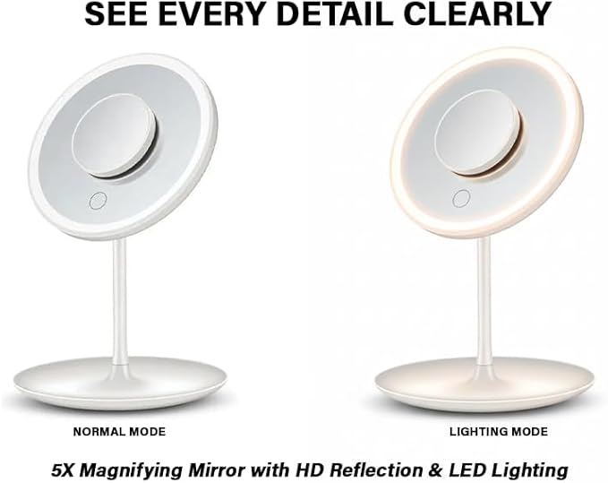 Magnifying Mirror 5X–Portable Makeup Mirror with Aluminum Lens–USB Powered–Clear HD Reflection for Beauty, Skincare & Grooming–Perfect for Home,Travel & Professional Use