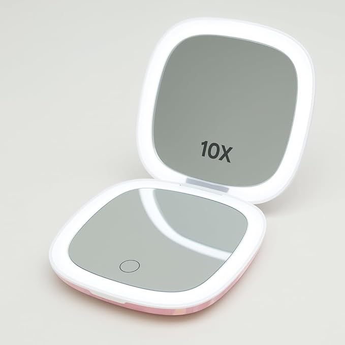 Lighted Makeup Compact Mirror, 3.9 Inch – 1x/10x Magnification Portable, LED – Auto Light On/Off - USB Charging, (Blush Marble)
