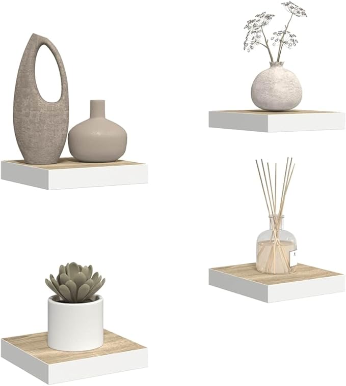 Floating Wall Shelves Set of 4, Modern Invisible Mounting Oak White Display Shelves for Living Room Bedroom, 9.1x9.3x1.5 Inch Honeycomb MDF Storage Rack for Books Decor