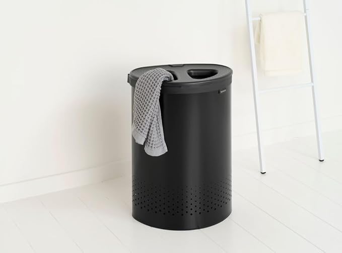 Brabantia Selector Laundry Basket with Lid | 14.5 Gal - 2 Compartment Washing Basket with Quick‑Drop Lids & Removable Cotton Bag | Matt Black