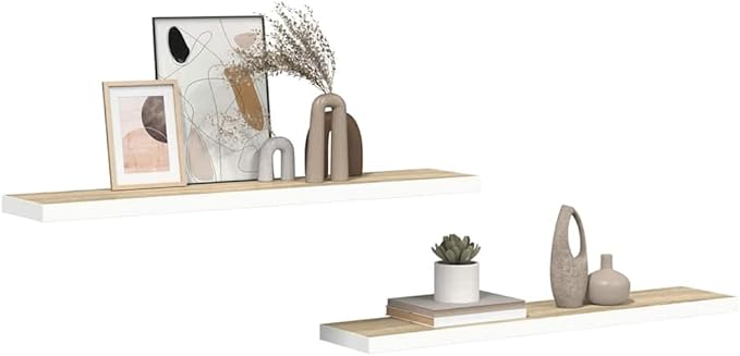 Set of 2 Floating Wall Shelves, 47.2 Inch Long Modern Decorative Shelf for Living Room, Bedroom and Office, Matte Oak and White Wall Mounted Storage Display Ledge